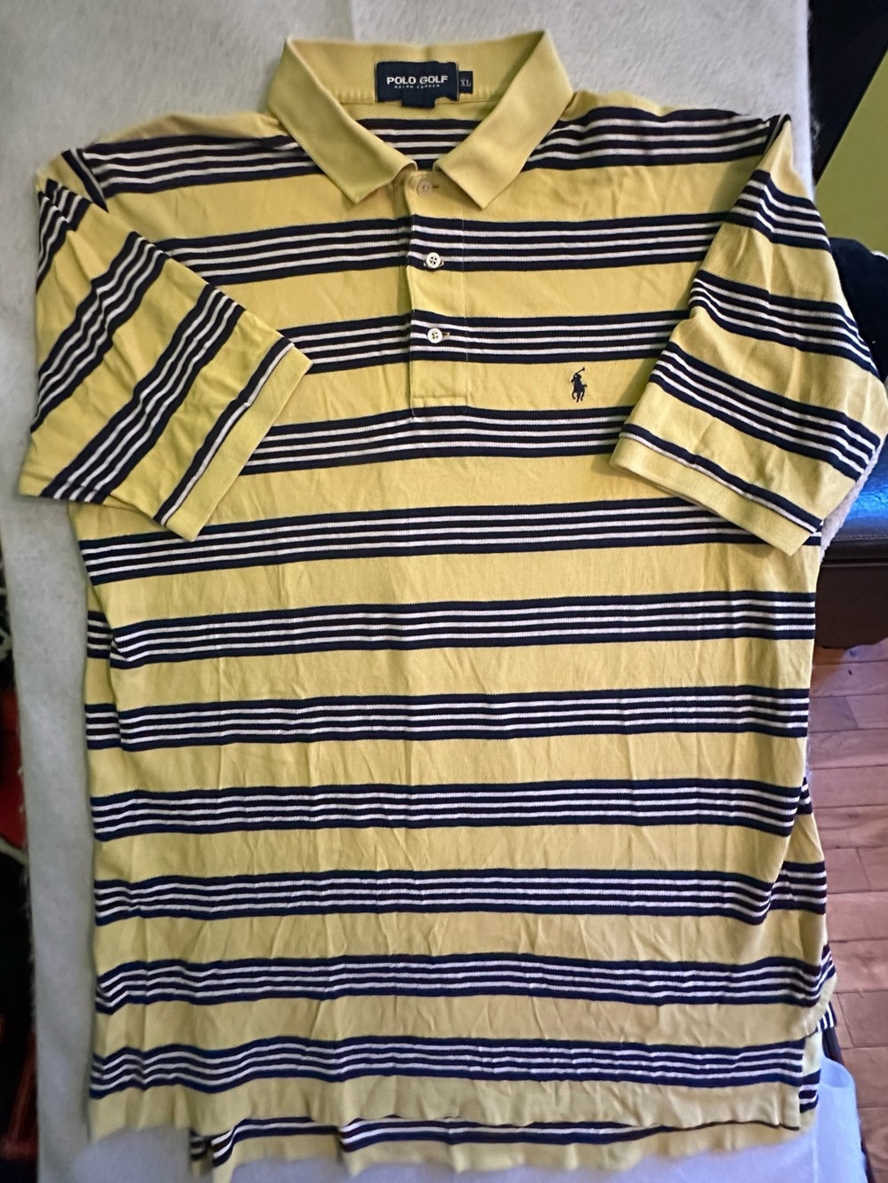 VTG 90s Polo Golf Ralph Lauren Striped Polo Shirt XL Yellow Navy Blue Golfcore